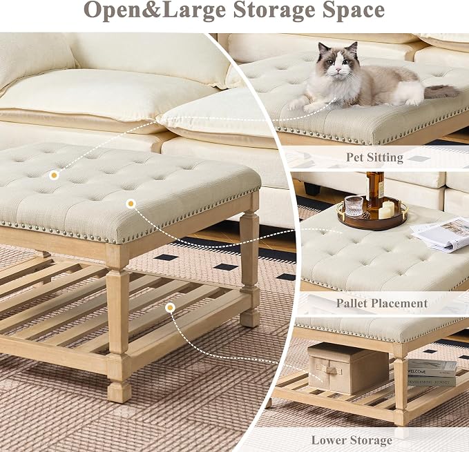Befurtori Large Square Ottoman Coffee Table, Linen Solid Upholstered Footrest - Image 5