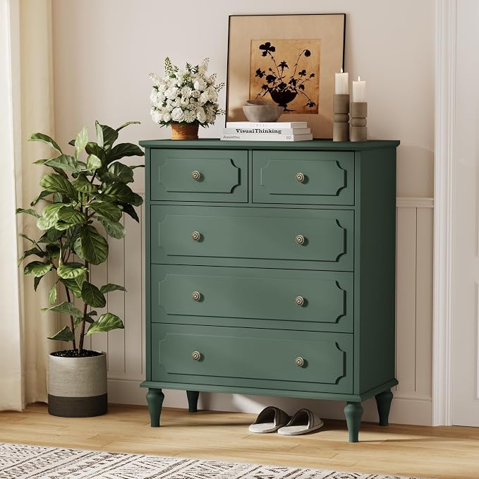 Green Dresser for Bedroom with 5 Drawers, Vintage Tall Dresser with Smooth - Image 5