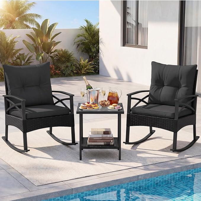Tangkula 3 Pieces Outdoor Rocking Chairs Set, Rattan Heavy Duty Cushioned - Image 3
