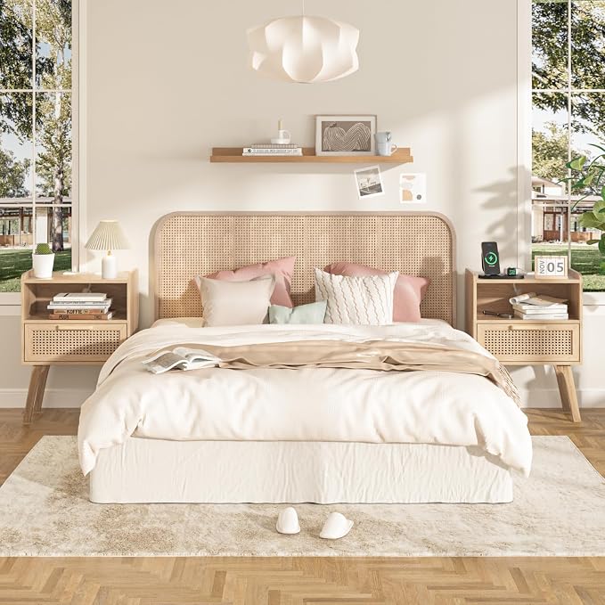 Lerliuo Rattan Nightstand with Charging Station, Boho Night Stand with Handmade - Image 5