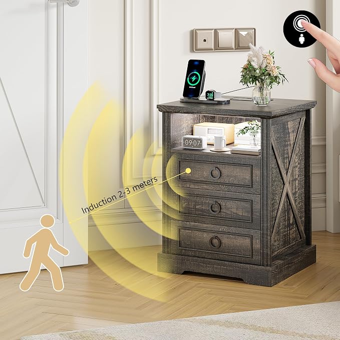 Nightstand with Charging Station, Farmhouse End Side Table with 3 Drawers and - Image 3