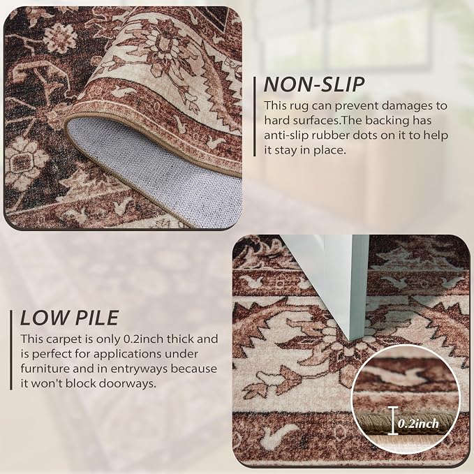 Area Rugs for Living Room, 6x9 Washable Area Rug for Bedroom, Retro Floral - Image 2
