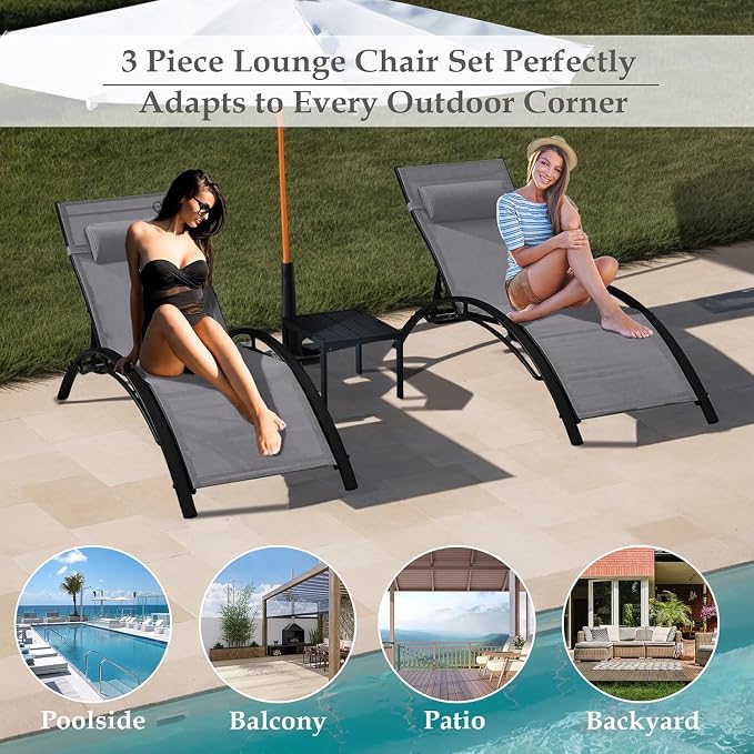 EROMMY Outdoor Chaise Lounge Set of 3, Reclining Patio Chairs - Image 7