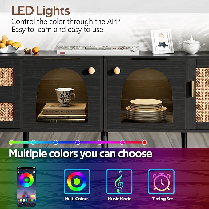 Merax Rattan TV Stand with LED Lights, Solid Wood Feet, Living Room, Bedroom - Image 5