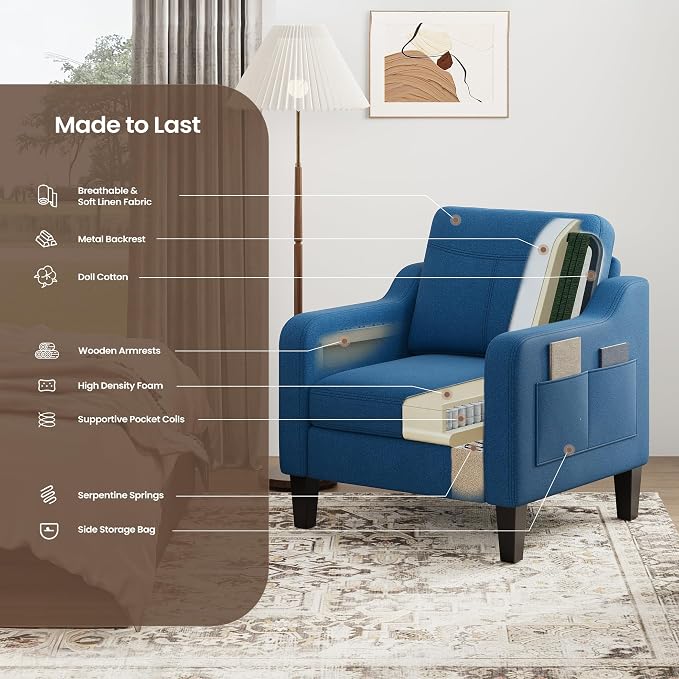 Accent Chair for Living Room Modern Linen Upholstered Armchair Side Wooden - Image 8