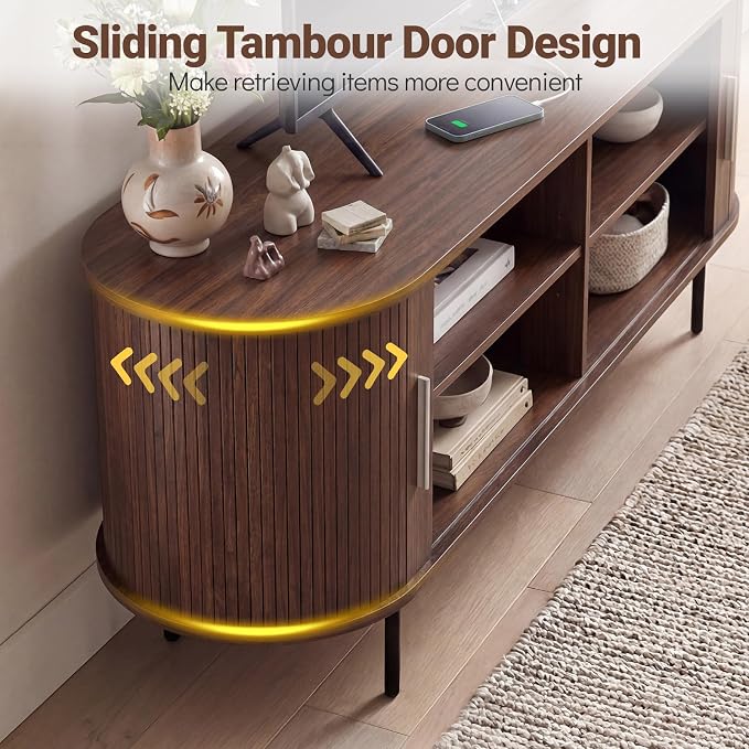 Tangkula Fluted TV Stand for TVs up to 60”, Mid Century Curved Entertainment - Image 8