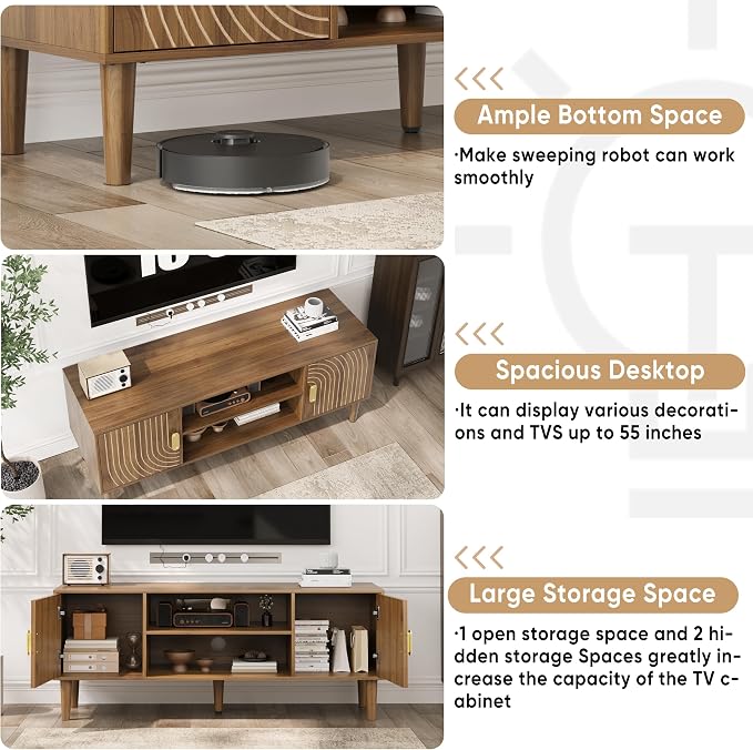 Smuxee Walnut TV Stand with Line Groove Design, 47.2" Mid Century Modern TV - Image 6