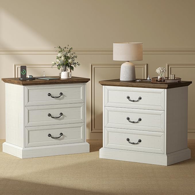Huuger Nightstand with Charging Station, 3 Drawer Night Stand Set of 2 by Huuger