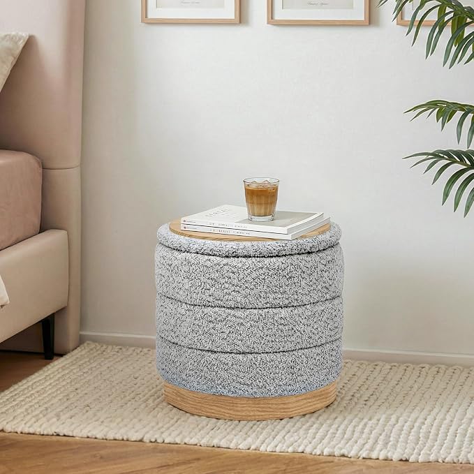 Round Storage Ottoman with Reversible Tray Lid, Folding Chenille Fabric - Image 2