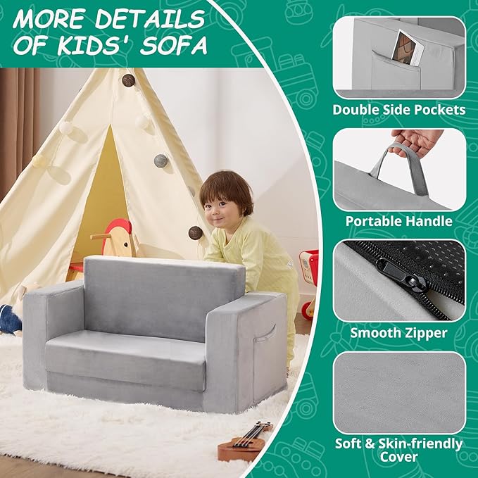 Kids Couch, 2-in-1 Toddler Chair Comfy 1-3 Years, Convertible Kids Chair - Image 4