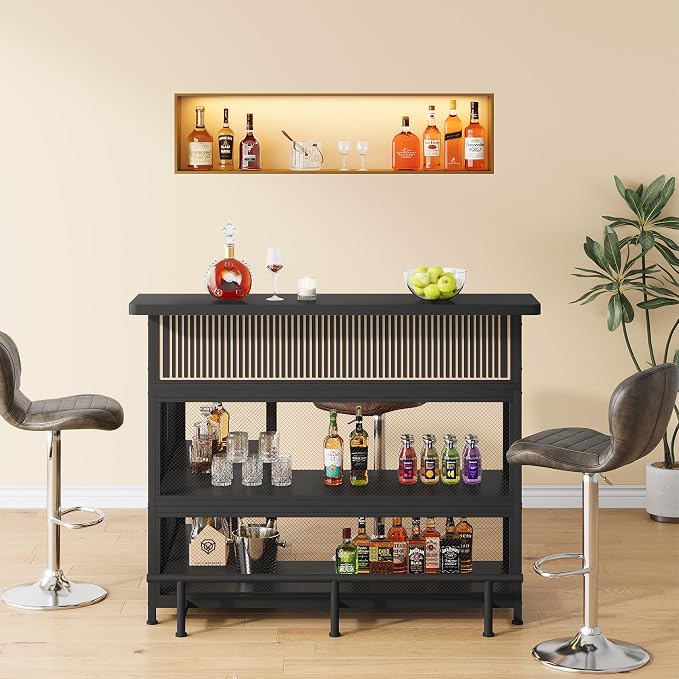 L-Shaped Home Bar Unit with Wine Glasses Holder and LED Light, Modern Bar Table - Image 3
