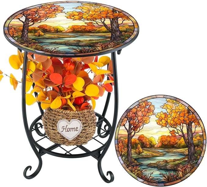 Cinnvoice Outdoor Side Table Round Small Mosaic Patio Accent Indoor End Plant - Image 8
