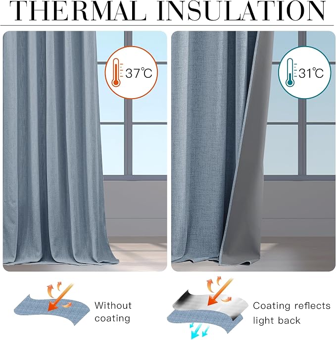 RYB HOME Smoky Blue 100% Blackout Linen Curtains 72 inch Long, Thermal - Image 4