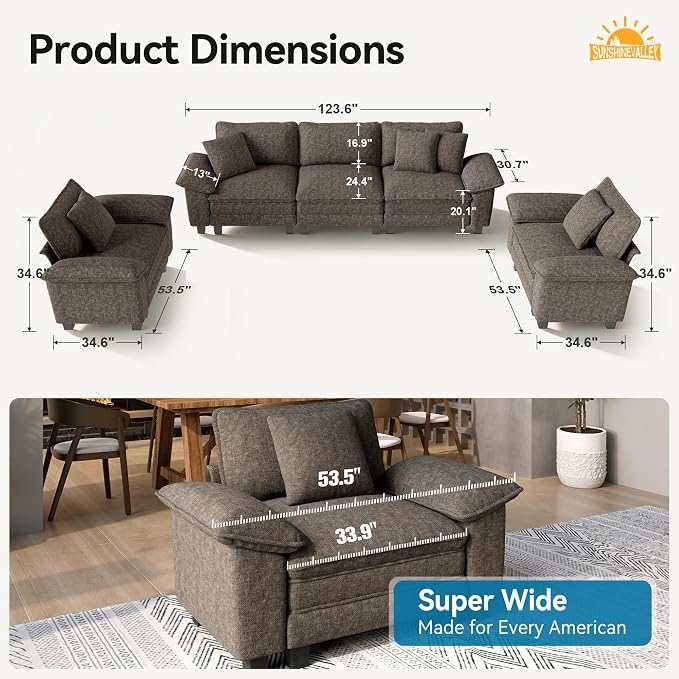 SUNSHINE VALLEY 3 Piece Living Room Sofa Furniture Set, Chenille 2 Comfy Cloud - Image 2