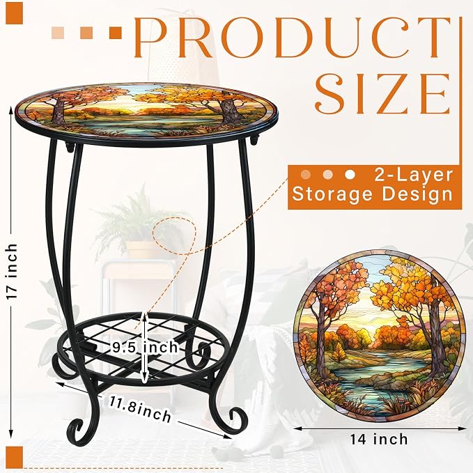 Cinnvoice Outdoor Side Table Round Small Mosaic Patio Accent Indoor End Plant - Image 3