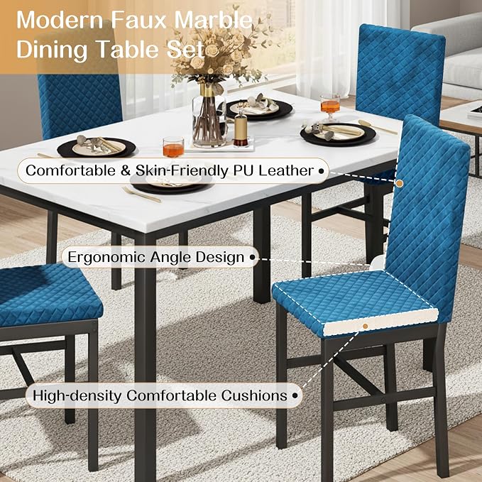 Recaceik Dining Table Set for 4, Modern 5 Piece Dining Table Set Faux Marble - Image 6