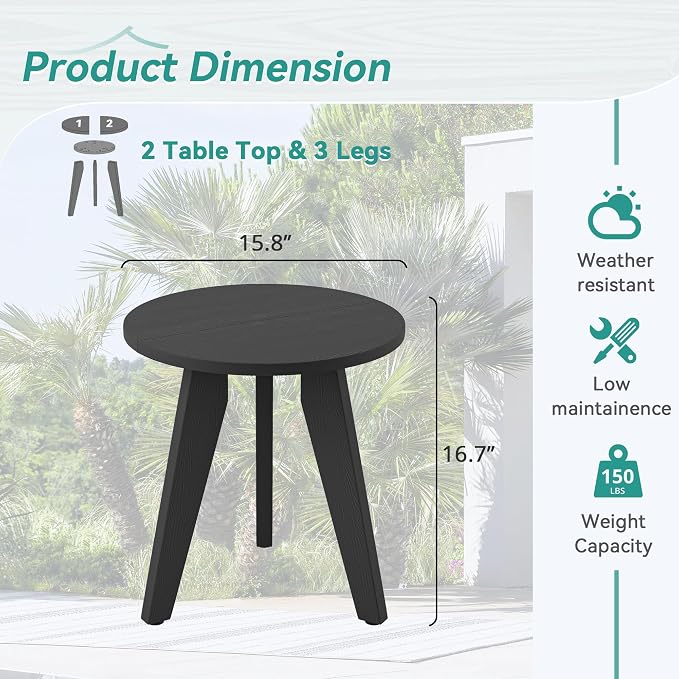 HDPS Outdoor Side Table Set of 2, Small Round Side Table Weather-Resistant - Image 3