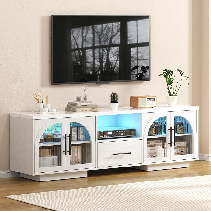 70" LED TV Stand with Storage for 75/80" TVs, Faux Marble Entertainment Center by SOLACEFURNITURE