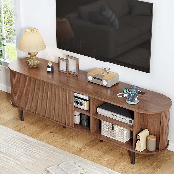 70.8" TV Stand with Power Outlet, Mid-Century Modern Television Stand, Fluted - Image 3