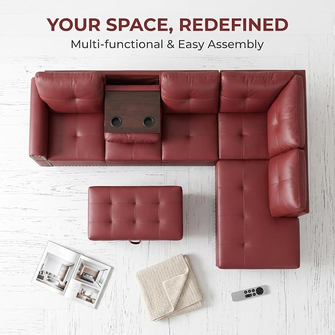 97.5" Red L Shaped Couch Set Leather, Modular Sectional Couches - Image 5