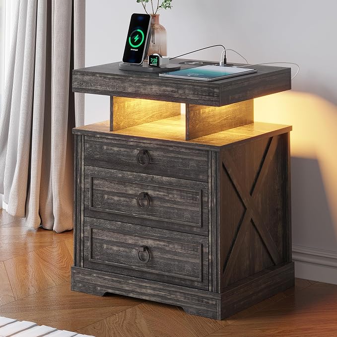 HNEBC Night Stand Set 2 with Gun Drawers, Farmhouse Nightstand with Charging - Image 9