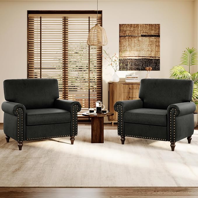 Nailhead Trim Accent Chairs Set of 2, Faux Leahter Mid Century Modern Living by ErdoruLiving