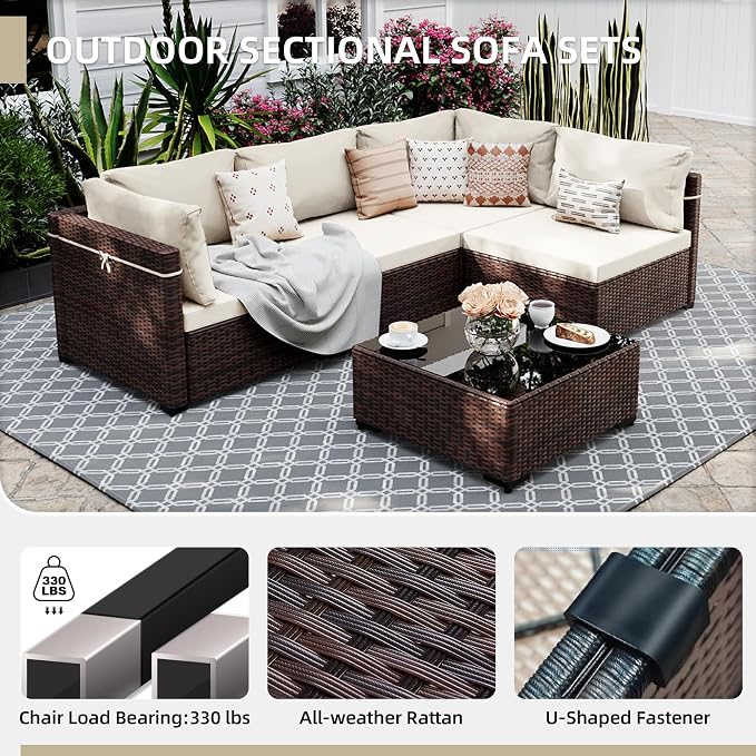 UPHA 5 Pieces Patio Furniture Sets, Wicker Outdoor Sectional Sofa Couch - Image 3