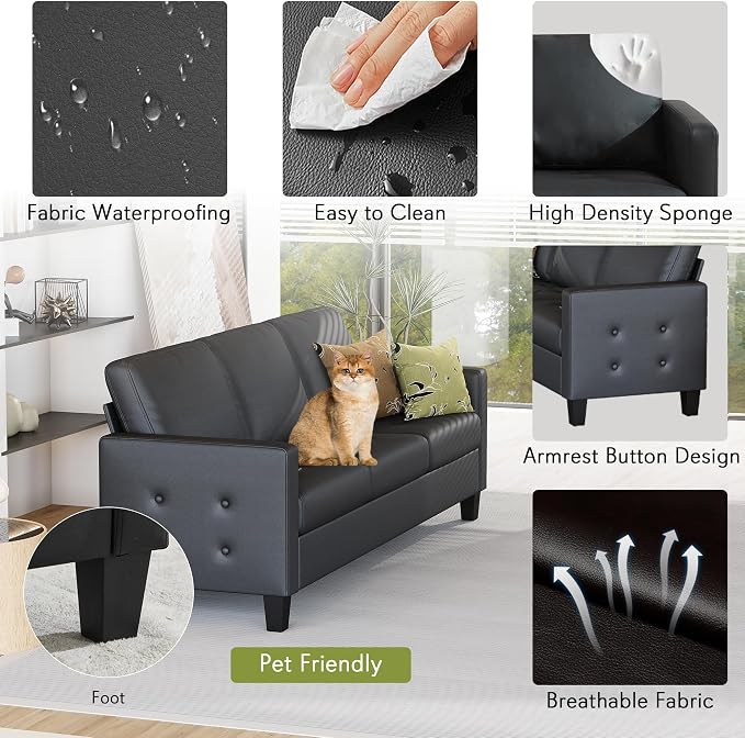 STHOUYN Black Faux Leather 3 Seater Sofa, Loveseat and Accent Chair, Modern - Image 3