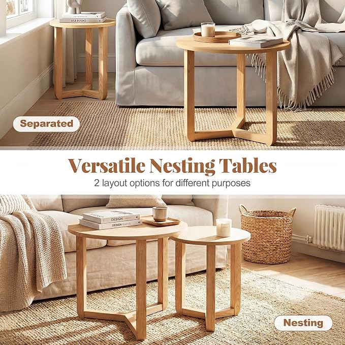 Giantex Round Nesting Coffee Table Set of 2, Wood Nesting End Tables - Image 3