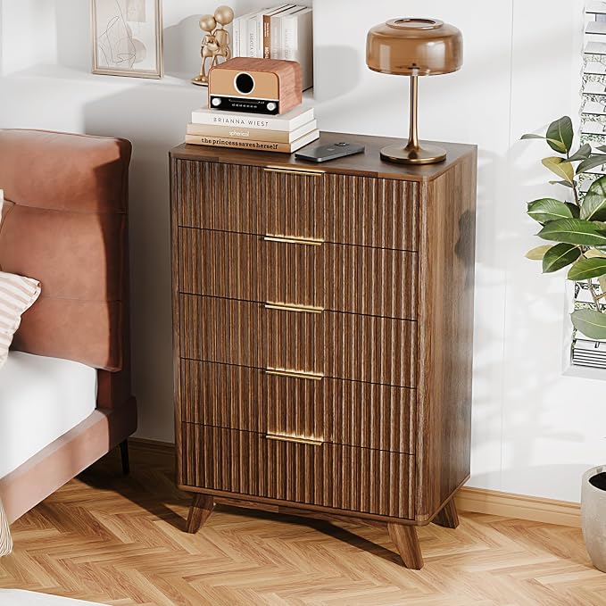 VINGLI Fluted Tall Dresser 5 Drawer Chest of Drawers, Walnut Wood Dresser by VINGLI