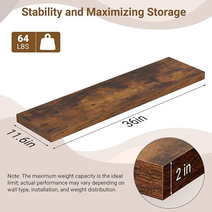36 Inch Floating Shelves, 12 Inch Deep Floating Shelves - Image 3