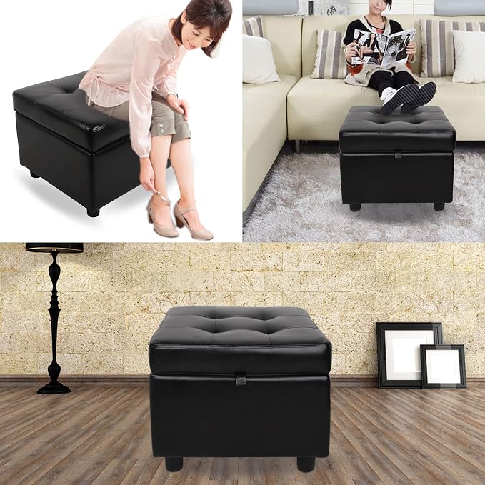 H&B Luxuries Tufted Leather Square Flip Top Storage Ottoman Cube Foot Rest - Image 8