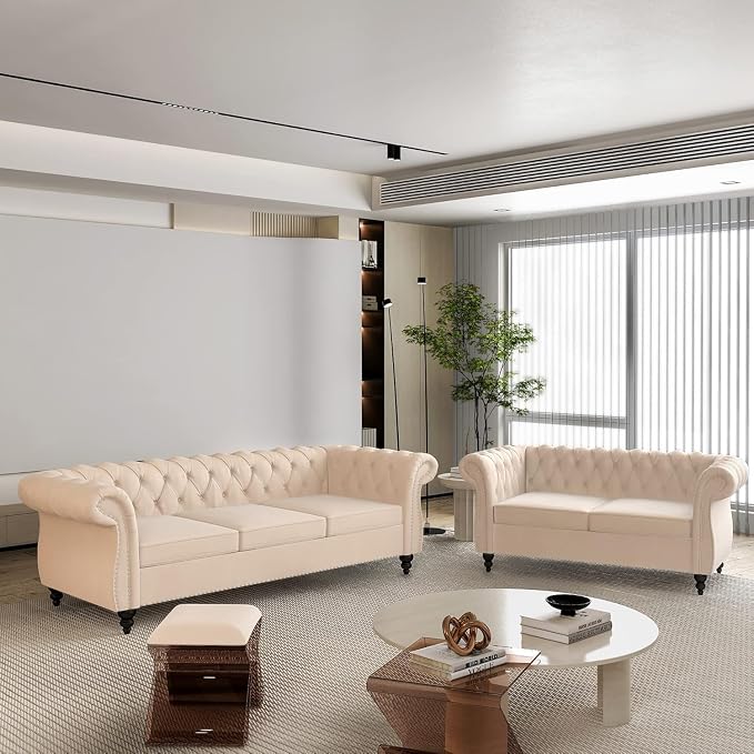 Chesterfield Loveseat Sofa, Modern Velvet Small Sofa Couch 2 Seater - Image 7