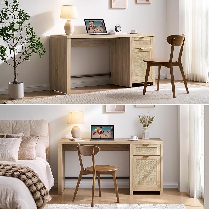 SICOTAS Rattan Home Office Desk, 2 Pieces 59" Boho Executive Desk - Image 8