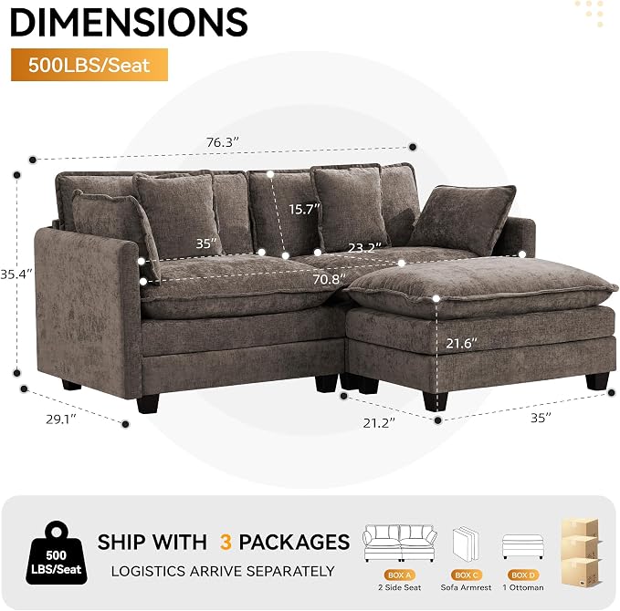 76'' Cloud Deep Seat Loveseat Sofa, Upholstered Chenille Modular 2-Seats - Image 2