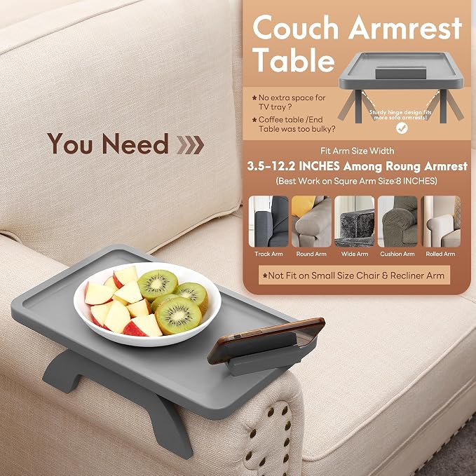 SINWANT Couch Armrest Table, Bamboo Couch Arm Table 360° Phone Holder, Foldable - Image 3