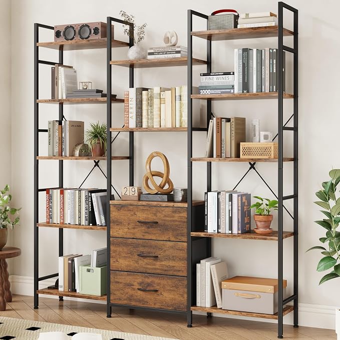 AFLUI Triple Bookshelf with 3 Fabric Drawers, 5-Tier Book Shelf and 10 Display by Unknown