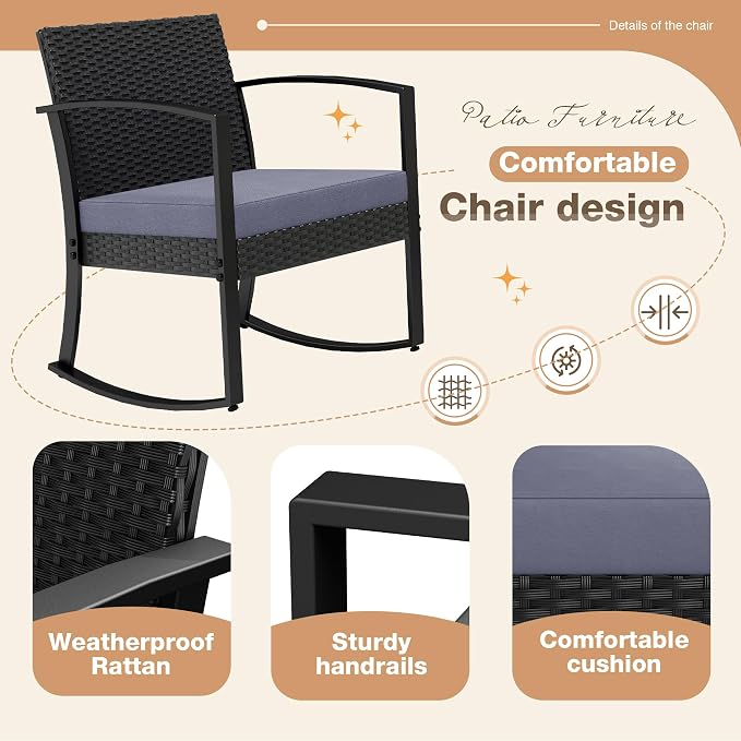 Greesum 3 Pieces Outdoor Furniture Set Patio Bistro Rocking Chairs - Image 3