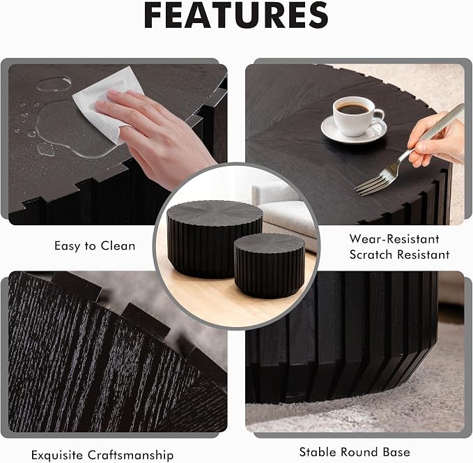 Black Round Nesting Tables for Living Room, Nesting Coffee Table Wooden Fluted - Image 5
