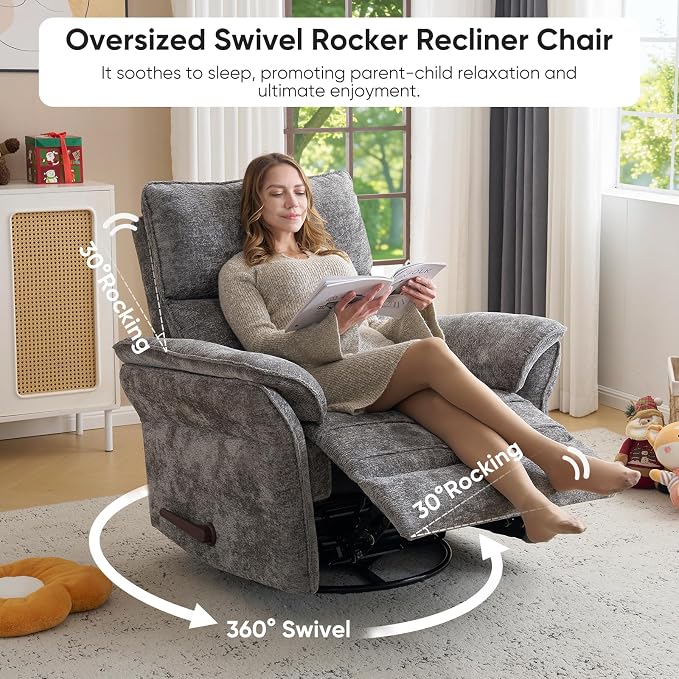 Rocking Chair Nursery with Adjustable Headrest, Manual Swivel Rocker Recliner - Image 4
