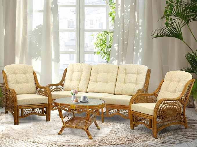 Malibu Lounge Set of 4: 2 Natural Rattan Wicker Chairs, Three-Seater Sofa by Wickerix
