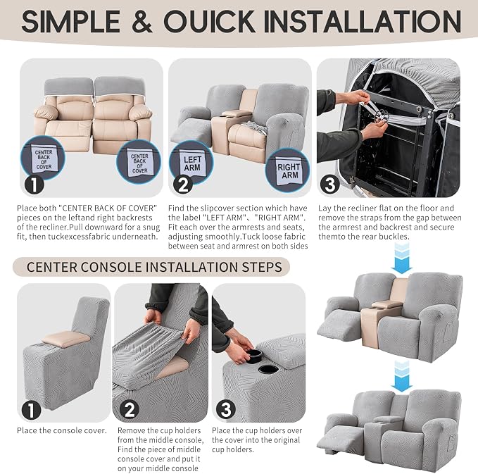 Recliner Loveseat Covers with Console, Stretch Geometric Strokes Jacquard - Image 7