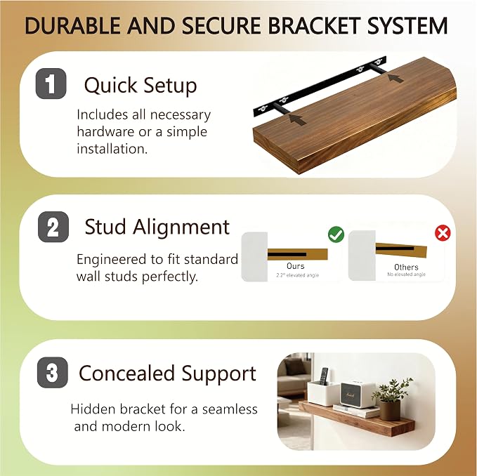 Solid Wood Floating Shelves, 11.8in Finished Real Wood Wall Shelves - Image 6