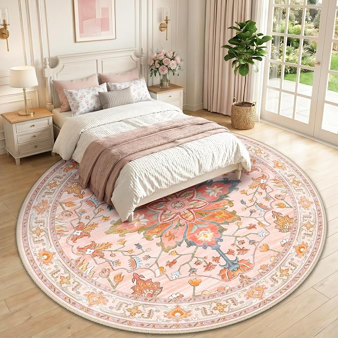 RELEANY Area Rugs Round 10ft Washable Non-Slip, Floral Vintage Distress Print - Image 2