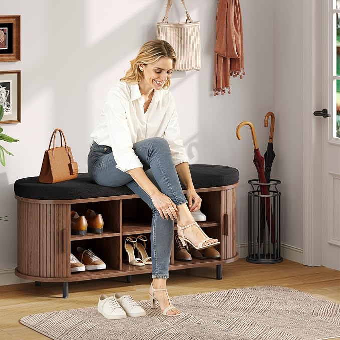 Oval Shoe Storage Bench with Padded Seat Cushion, 2-Tier Fluted Shoe Cabinet - Image 9
