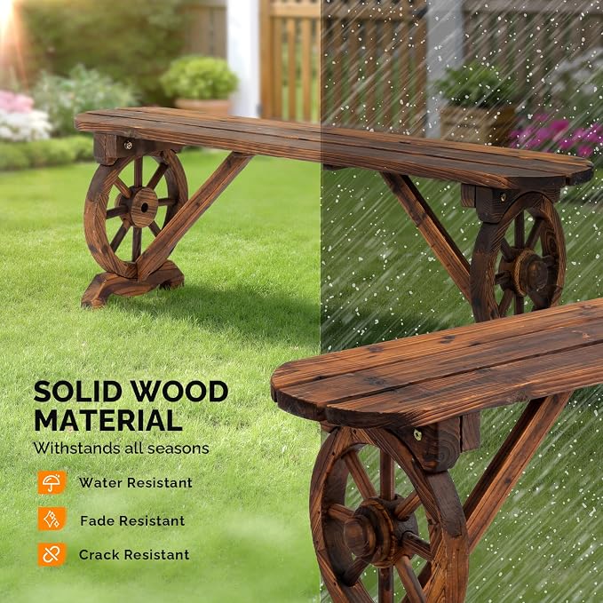 VINGLI Rustic Wooden Wheel Bench Outdoor Bench, Patio Bench Wagon Slatted Seat - Image 6