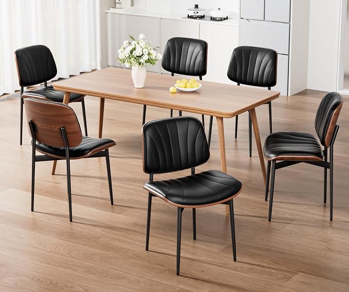 REONEY Dining Chairs Set of 6, Mid-Century Modern Upholstered PU Leather Chairs - Image 3