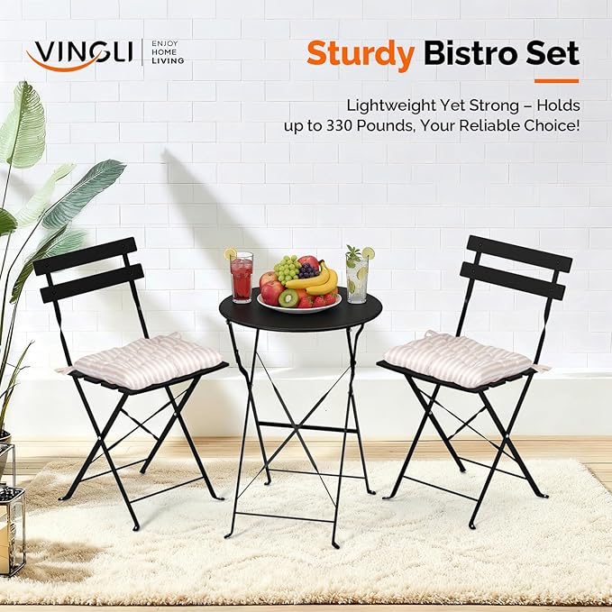 VINGLI Outdoor Folding Bistro Table and Chairs Set of 2, 3-Piece Bistro Set - Image 3