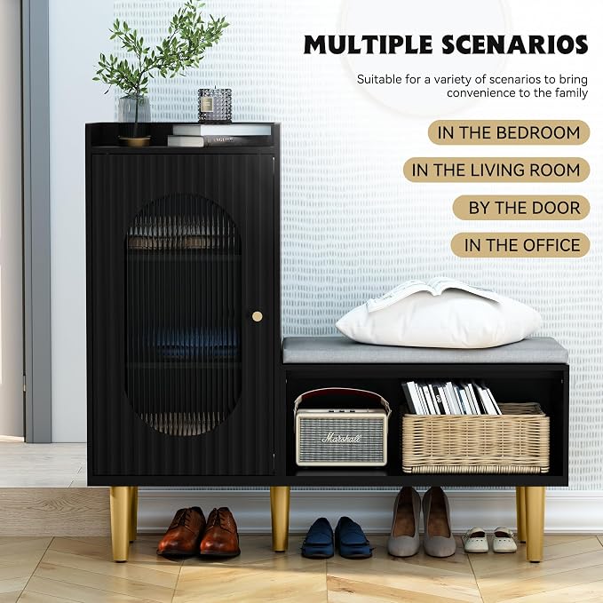 HLR Storage Bench with Glass Door&Shelf, Modern Entryway Shoe Cabinet Bench - Image 5