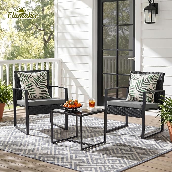 Flamaker 3 Pieces Patio Set Outdoor Wicker Furniture Modern Bistro Rattan Chair - Image 7